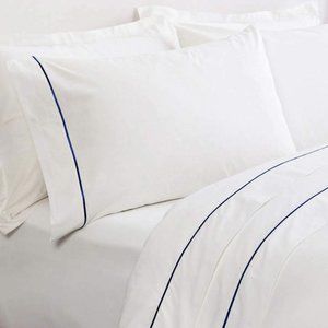 FRETTE ONE BOURDON QUEEN 4 PIECE SHEET SET PERCALE WHITE/NAVY